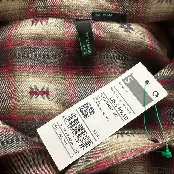 Stile Benetton Long Sleeve Button Up Shirt Aztec Plaid Small Multicolor NWT - Picture 2 of 9